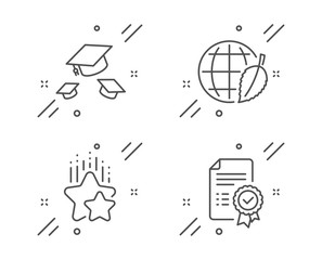 Throw hats, Ranking stars and Environment day line icons set. Certificate sign. College graduation, Winner award, Safe world. Verified document. Education set. Line throw hats outline icon. Vector