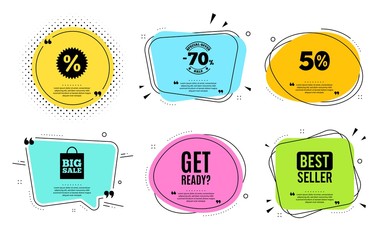 Get ready. Best seller, quote text. Special offer sign. Advertising discounts symbol. Quotation bubble. Banner badge, texting quote boxes. Get ready text. Coupon offer. Vector