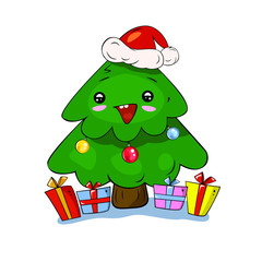 Cute kawaii Christmas tree in Santa's hat with gift boxes around. Beautiful character for your design.