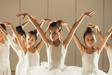 group of little caucasian ballerinas stand in a row and practice ballet together. pretty amazing dance performers in studio - obrazy, fototapety, plakaty