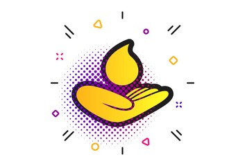 Save water sign icon. Halftone dots pattern. Hand holds water drop symbol. Environmental protection symbol. Classic flat ecology icon. Vector