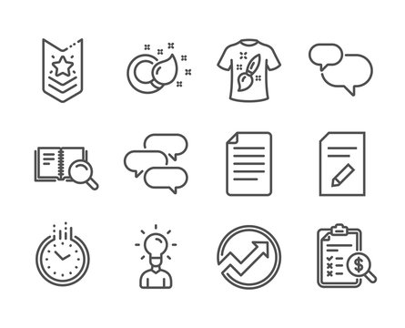 Set of Education icons, such as T-shirt design, Audit, Shoulder strap, Search book, Accounting report, Education, Paint brush, Talk bubble, Time, Chat message, Edit document, File. Vector
