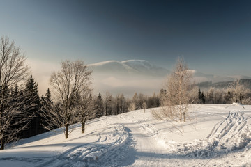 Obraz premium winter Moravskoslezske Beskydy mountains from Butoranka bellow Lysa hora hill in Czech republic