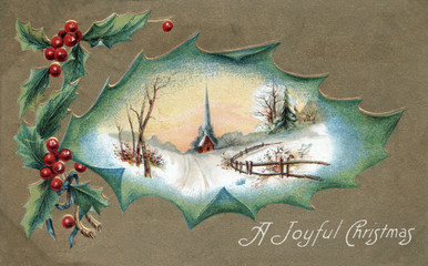 Vintage Christmas Postcard Greeting card, holly, gold, view jolly christmas