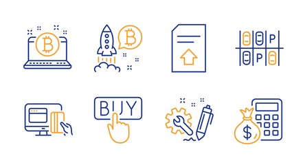 Online payment, Buying and Upload file line icons set. Engineering, Parking place and Bitcoin signs. Bitcoin project, Finance calculator symbols. Money, E-commerce shopping. Technology set. Vector