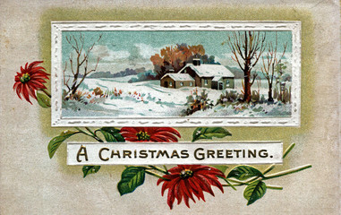 Vintage Christmas Postcard Greeting card, pointsettia, rural scenic framed