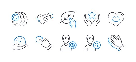 Set of People icons, such as Smile face, Employees teamwork, Ranking, Support, Safe time, Search people, Rotation gesture, Love message, Organic tested, Clapping hands line icons. Vector