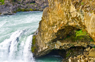 The Power and magic of powerful Iceland Godafoss Waterfall Cascade with beautiful nature and...