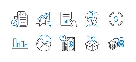 Set of Finance icons, such as Post package, Document, Dollar target, Bitcoin project, Histogram, Accounting, Pie chart, Parking payment, Bill accounting, Savings line icons. Vector