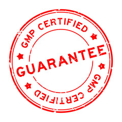 Grunge red GMP (Good manufacturing practice) certified guarantee word round rubber seal stamp on white background