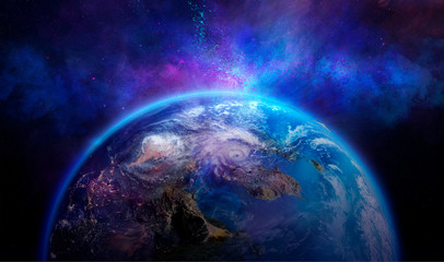 Planet Earth 3D globe with atmosphere and city lights from the deep space at night. Textured collage mixed media design with Earth, stars, nebula, galaxy. Some elements of this image furnished by NASA