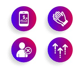 Clapping hands, Mobile finance and Delete user icons simple set. Halftone dots button. Swipe up sign. Clap, Phone accounting, Remove profile. Scrolling arrow. Business set. Vector