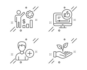 Add person, Like video and Employees wealth line icons set. Helping hand sign. Edit user data, Thumbs up, Results chart. Startup palm. People set. Line add person outline icon. Vector