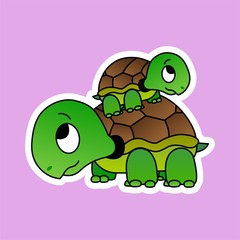 Sticker of Turtle Cartoon, Cute Funny Character, Flat Design