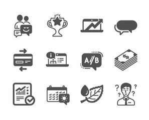 Set of Business icons, such as Travel calendar, Support consultant, Leaf dew, Credit card, Checked calculation, Victory, Ab testing, Online documentation, Sales diagram, Messenger, Dollar. Vector