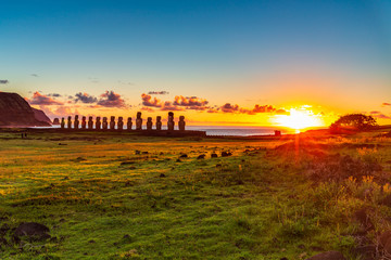 Moai statues in the Rano Raraku Volcano in Easter Island, Rapa Nui National Park, Chile