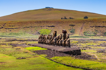Moai statues in the Rano Raraku Volcano in Easter Island, Rapa Nui National Park, Chile