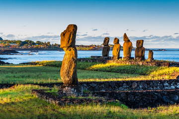 Moai statues in the Rano Raraku Volcano in Easter Island, Rapa Nui National Park, Chile