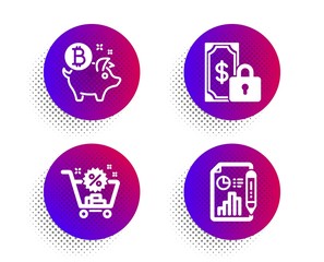 Bitcoin coin, Private payment and Shopping cart icons simple set. Halftone dots button. Report document sign. Piggy bank, Secure finance, Discount. Growth chart. Finance set. Vector