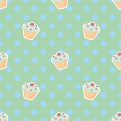 Seamless vector pattern or texture with little cupcakes, blueberry muffins, sweet cake on mint green background