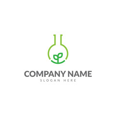 Green lab logo with bottle lab and plant vector design template