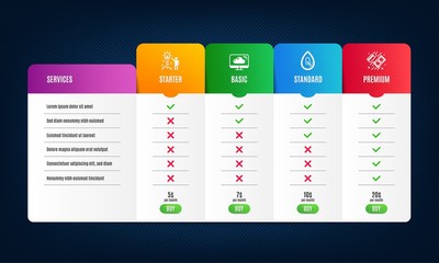 Cloud storage, No alcohol and Creative idea icons simple set. Price list, pricing table. Payment sign. Computer, Mineral oil, Startup. Money. Business set. Comparison vector table with price. Vector