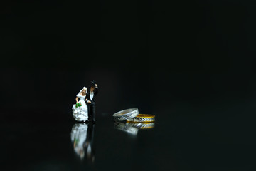 Miniature wedding concept - bride and groom walking on shiny floor