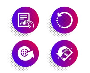 Document, Recovery data and World globe icons simple set. Halftone dots button. Cashback sign. File with diagram, Backup info, Around the world. Receive money. Technology set. Vector