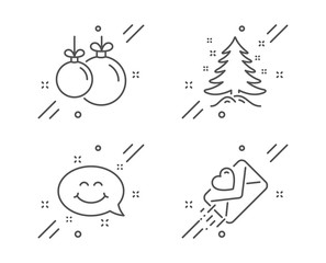Christmas ball, Smile chat and Christmas tree line icons set. Love letter sign. Decoration, Happy emoticon, Spruce. Heart. Holidays set. Line christmas ball outline icon. Vector