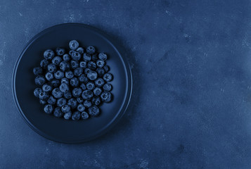 Plate with blueberry on classic blue background. Top view. copy space, top view.