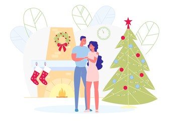 Couple Stand and Hugging at Decorated Fir Tree