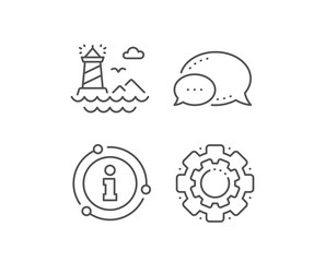 Lighthouse line icon. Chat bubble, info sign elements. Beacon tower sign. Searchlight building symbol. Linear lighthouse outline icon. Information bubble. Vector