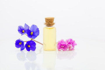Plakat violet essential oil in beautiful bottle on White background