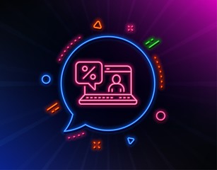 Obraz premium Online loan percent line icon. Neon laser lights. Discount sign. Credit percentage symbol. Glow laser speech bubble. Neon lights chat bubble. Banner badge with online loan icon. Vector
