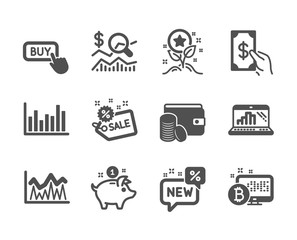 Set of Finance icons, such as Sale, Check investment, Graph laptop, Bitcoin system, Loyalty points, Investment, New, Receive money, Bar diagram, Buy button, Saving money, Payment method. Vector