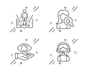 Moisturizing cream, Augmented reality and Health eye line icons set. Support sign. Face lotion, Phone simulation, Optometry. Call center. People set. Line moisturizing cream outline icon. Vector