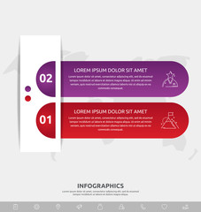 Vector infographic flat template. Shape with icons for two diagrams, graph, flowchart, step for step, timeline, marketing, presentation. Business concept with 2 labels