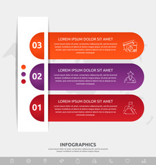 Vector infographic flat template. Shape with icons for three diagrams, graph, flowchart, timeline, marketing, presentation. Business concept with 3 labels