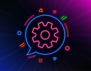 Cogwheel line icon. Neon laser lights. Service sign. Transmission Rotation Mechanism symbol. Glow laser speech bubble. Neon lights chat bubble. Banner badge with service icon. Vector