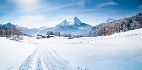 Washable wall murals White Winter wonderland scenery with cross-country skiing track in the Alps