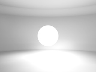 Abstract flying spherical light object is in a white room