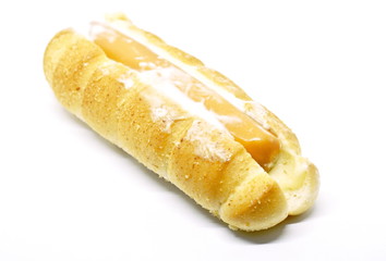 hot dog stuffed pork sausage dressing mayonnaise sauce on white background