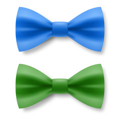 Blue and Green Bow Tie From Satin Material. Realistic Formal Wear for Gentleman Smoking Bow Tie Garment Accessory on White Background