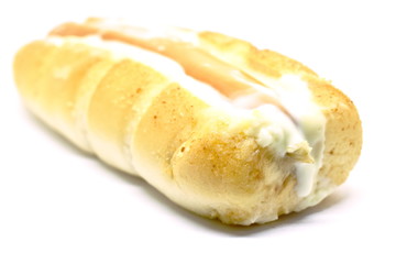 hot dog stuffed pork sausage dressing mayonnaise sauce on white background