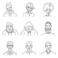 Vector Set of Outline Faces. African and Afro American People