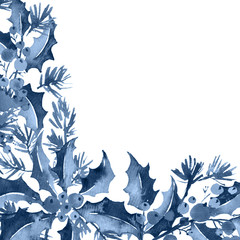 Christmas watercolor corner arangement of holly, berries and spruce in monochrome blue - 309963182