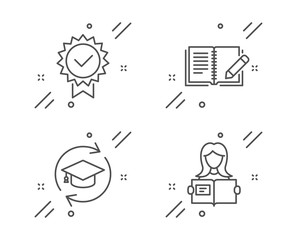 Certificate, Feedback and Continuing education line icons set. Woman read sign. Verified award, Book with pencil, Online education. Girl studying. Education set. Line certificate outline icon. Vector