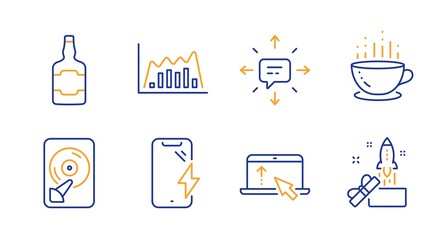 Coffee cup, Smartphone charging and Swipe up line icons set. Sms, Hdd and Whiskey bottle signs. Infographic graph, Innovation symbols. Hot drink, Phone battery. Business set. Vector