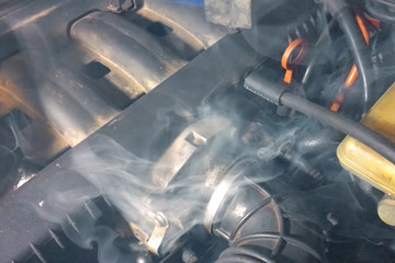 Fototapeta premium Smoke under the hood of car. Car engine smokes.