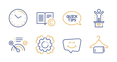 Winner podium, No internet and Seo gear line icons set. Smile chat, Copyright and Time signs. Quickstart guide, Clean towel symbols. First place, Bandwidth meter. Business set. Vector